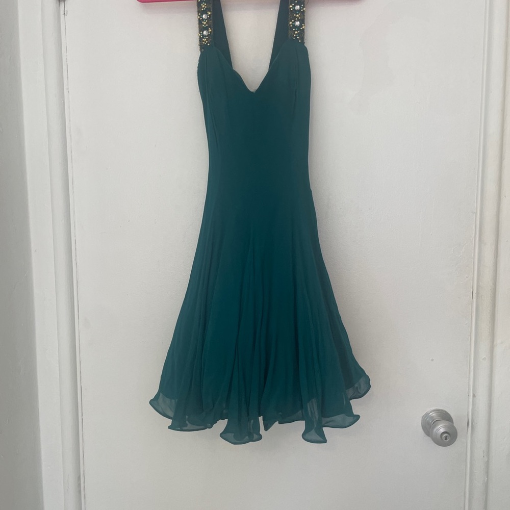 Holiday dress- Elegant Teal Dress with Embellished Straps